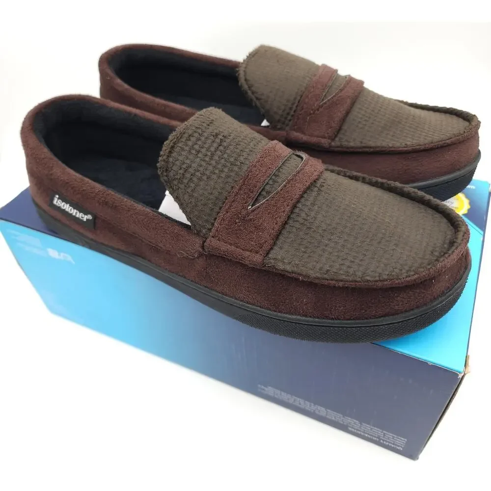 Isotoner Mens Moccasin Slippers Sz Medium 8-9 Brown Faux Suede Memory Foam NEW